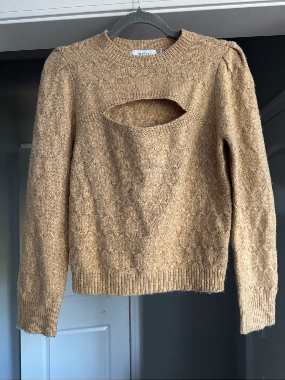 Anthro Greylin Camel Cutout Wool Blend Textured Crewneck Sweater Small Luxury